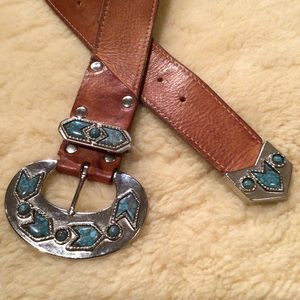 Nan Lewis brown leather and faux turquoise belt